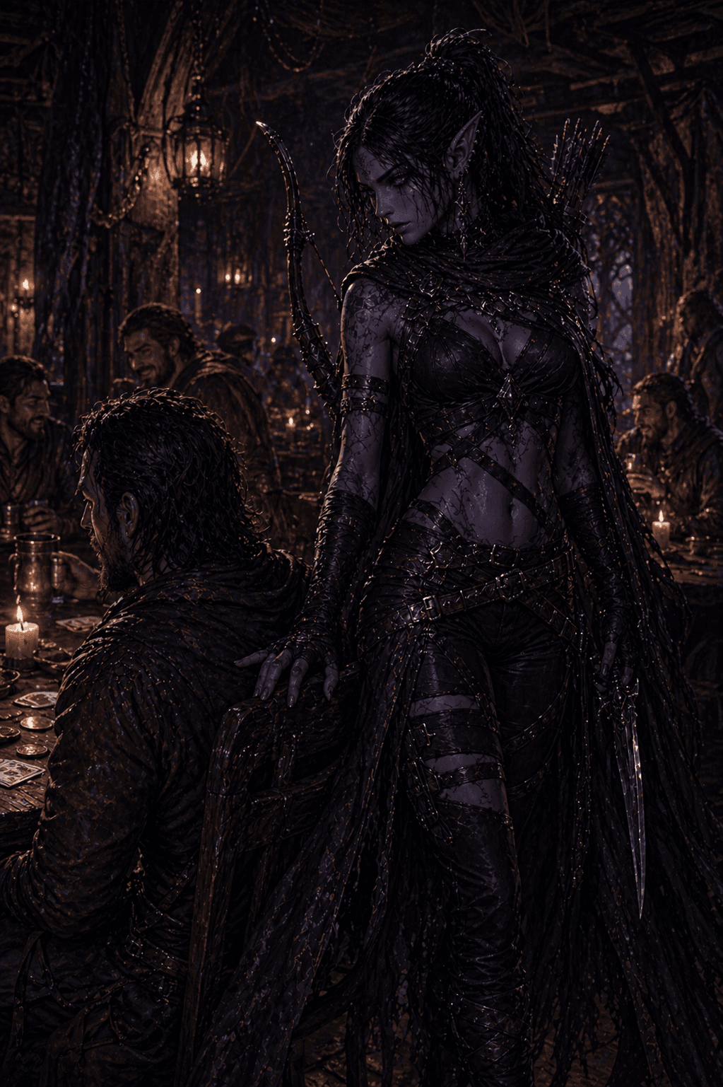 Vannya standing beside a seated person in a crowded Dreth Hollow tavern.