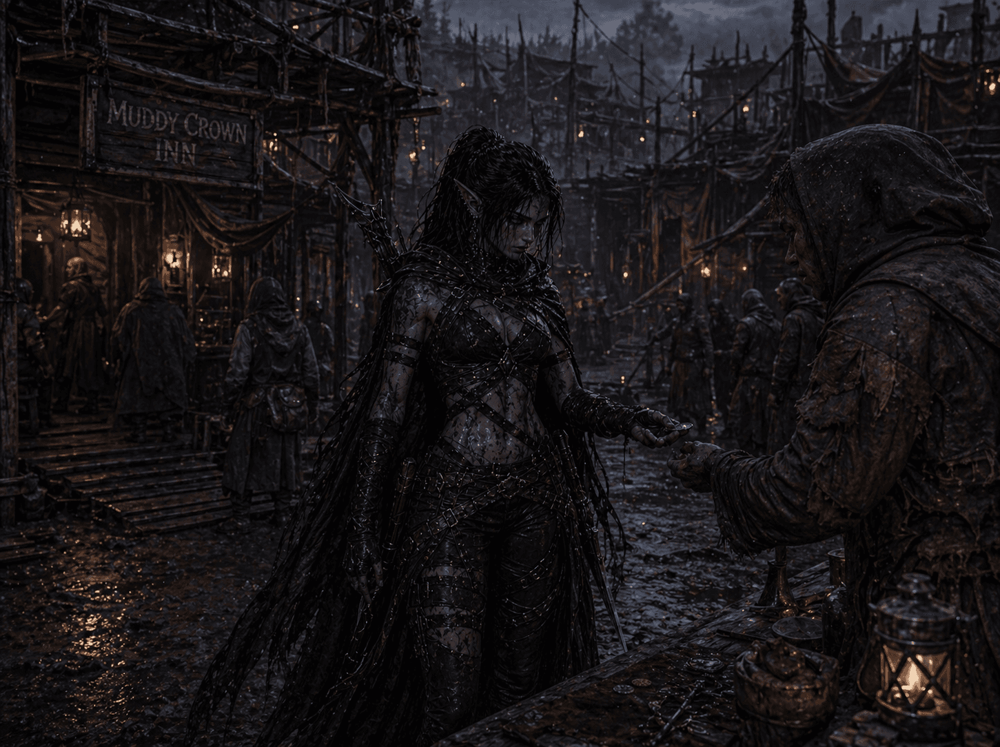 Vannya exchanging coins with a hooded person in the wet timber streets of Dreth Hollow.