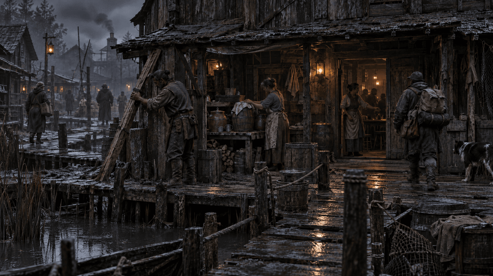 People work and move along raised timber walkways between lantern-lit wooden buildings above the water in Dreth Hollow.