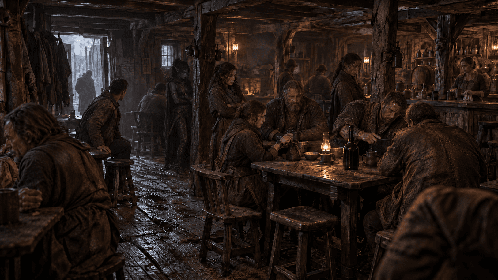 Patrons gather around wooden tables in a dim, lantern-lit Dreth Hollow tavern, with wet floorboards and a bar along the far wall.