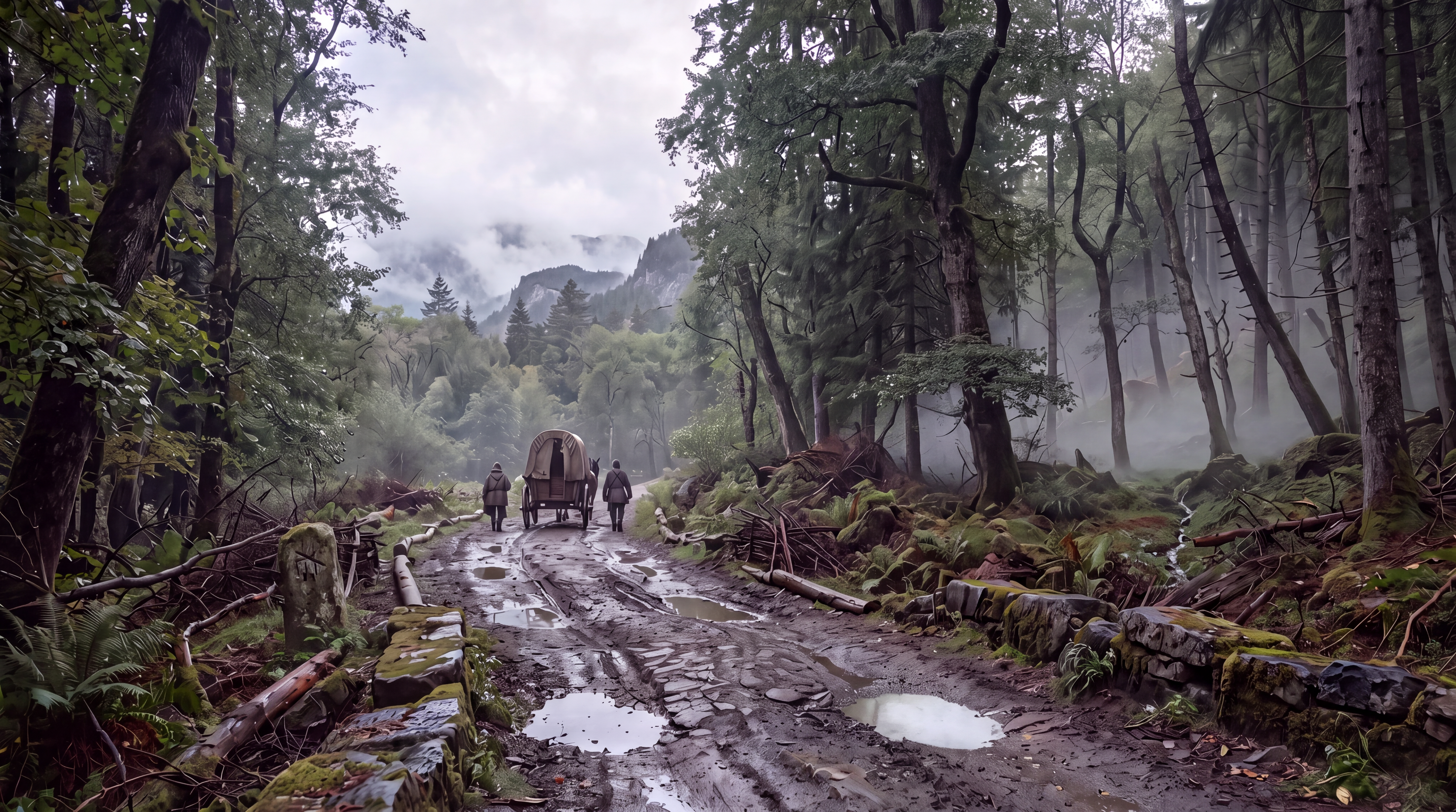 Travelers and a covered wagon follow a muddy forest road through Orvain, past a weathered roadside marker, with mist among the trees and distant hills.