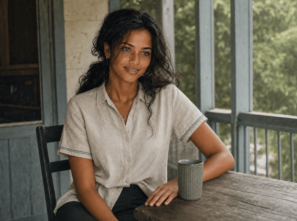 Vox Athena seated at a wooden table beside a mug, with an attentive expression and greenery visible through the windows.