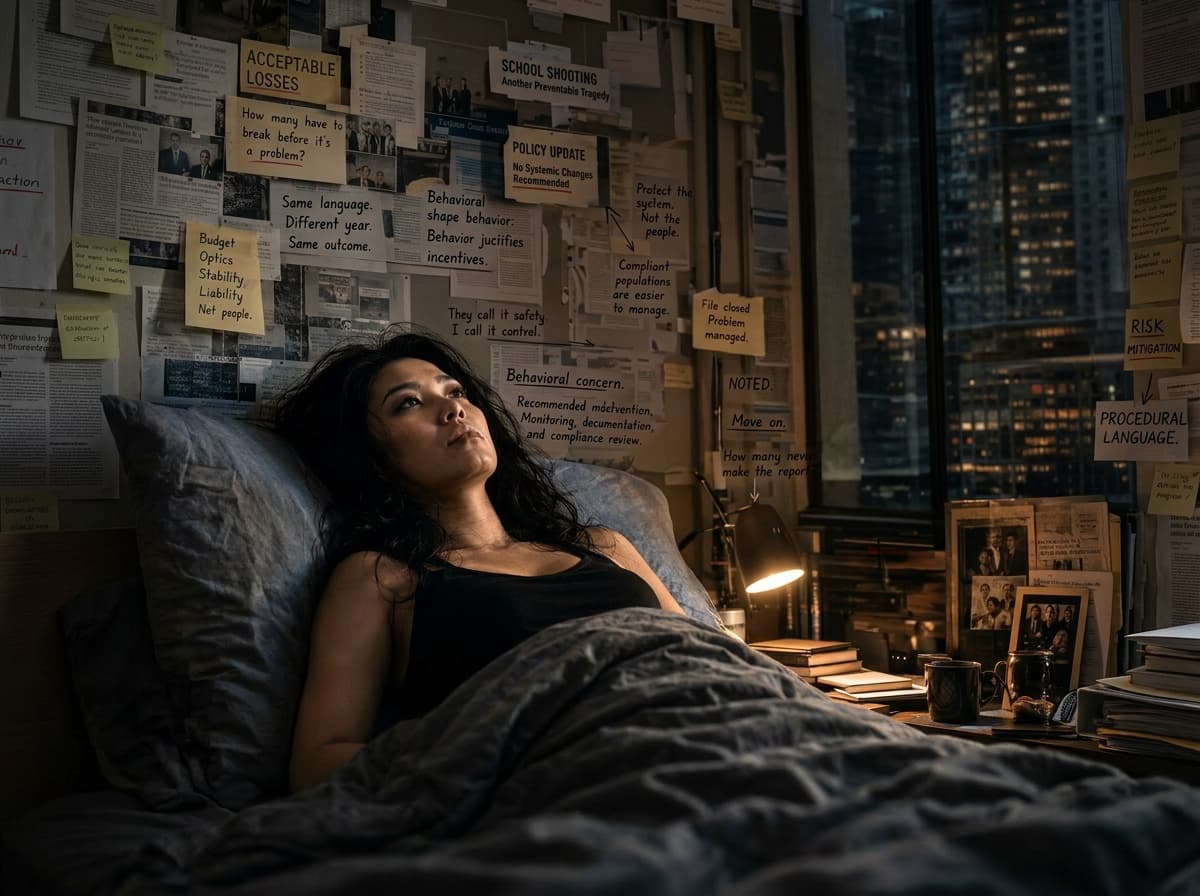 A woman resting in bed beside books and a lamp, with papers covering the wall and a city visible through the window.