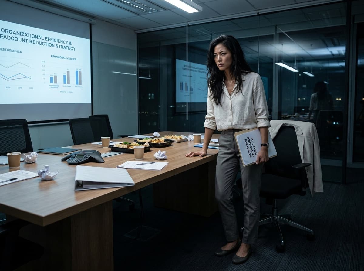 A woman holding a folder beside a conference table, with a projected presentation and glass office walls behind her.