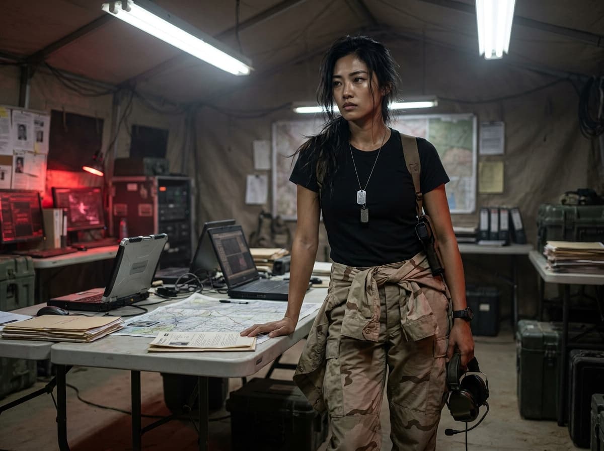 A woman beside a table of maps and equipment in a military tent, holding a headset.