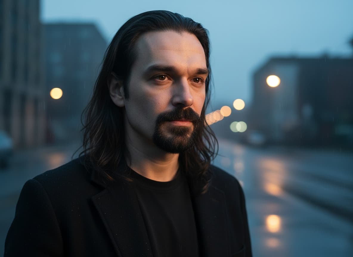 Vox Eidelon in a dark shirt, with rain and softly lit buildings behind him.