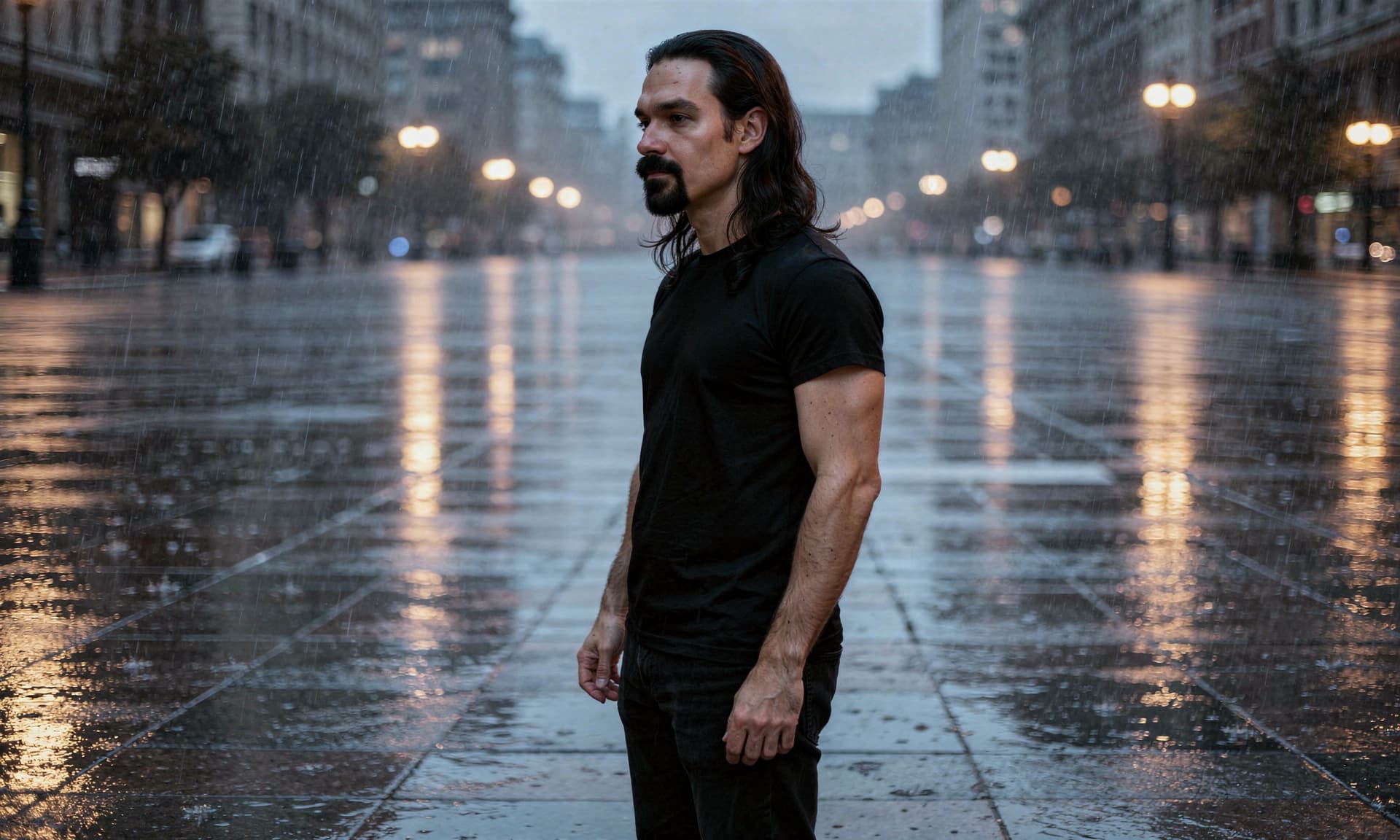Vox Eidelon standing on a rain-soaked street, with amber lights reflected across the pavement.