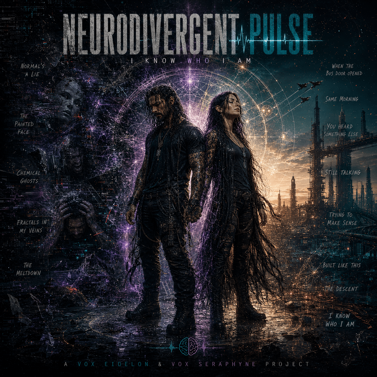 Neurodivergent Pulse album cover: two figures back to back within a luminous circular design in a dark industrial landscape.